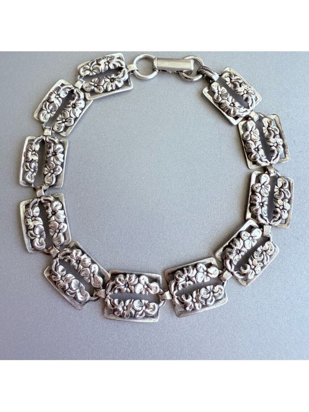 BEAU Sterling Silver Flower Square Floral Panel Bracelet Vintage